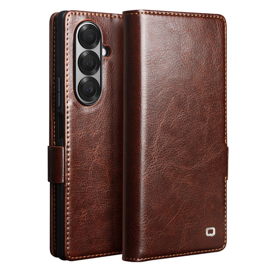 QIALINO For Samsung Galaxy Z Fold7 5G Case with Card Holder Genuine Cow Leather Stand Phone Cover - Brown
