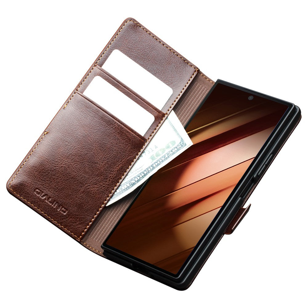 QIALINO For Samsung Galaxy Z Fold7 5G Case with Card Holder Genuine Cow Leather Stand Phone Cover - Brown