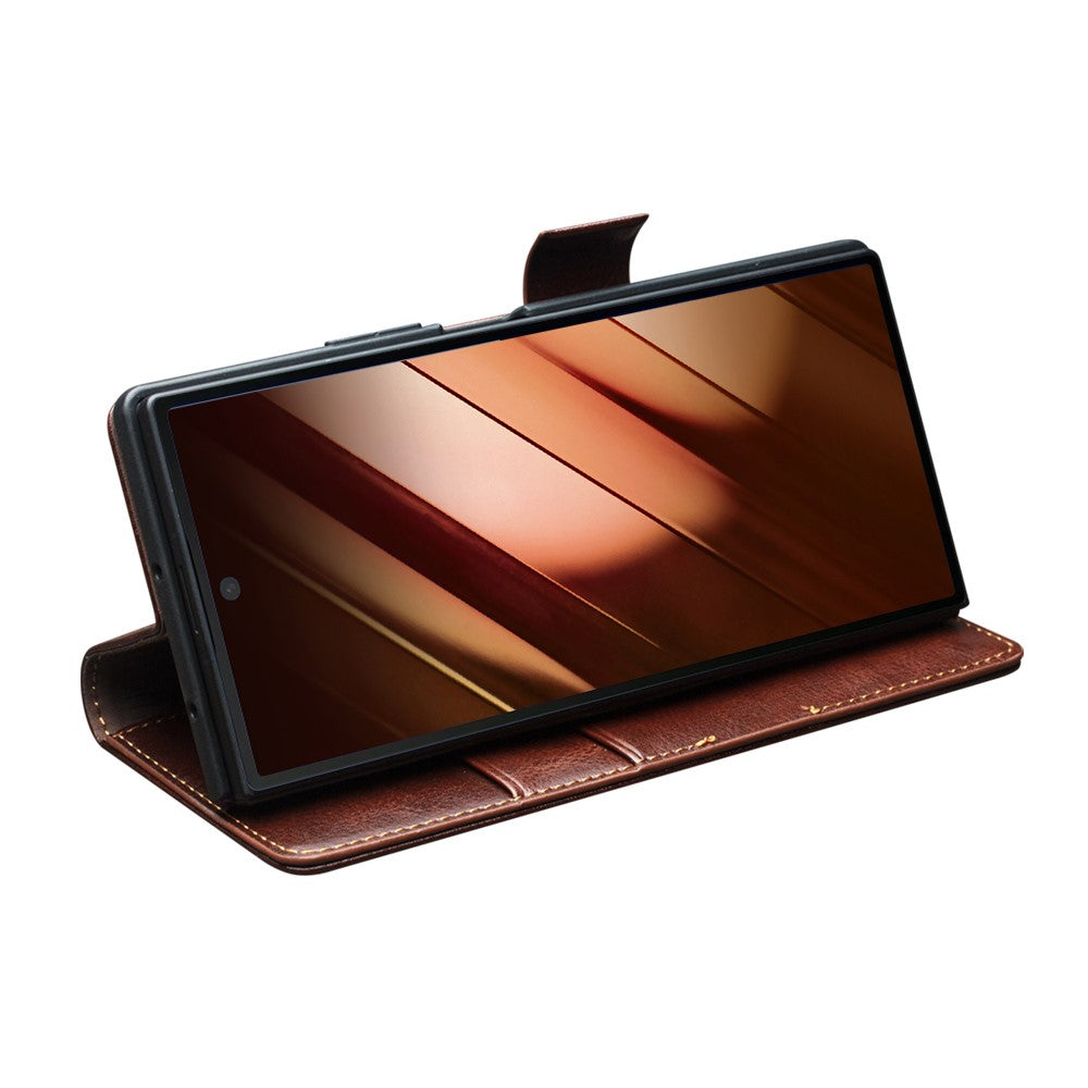 QIALINO For Samsung Galaxy Z Fold7 5G Case with Card Holder Genuine Cow Leather Stand Phone Cover - Brown