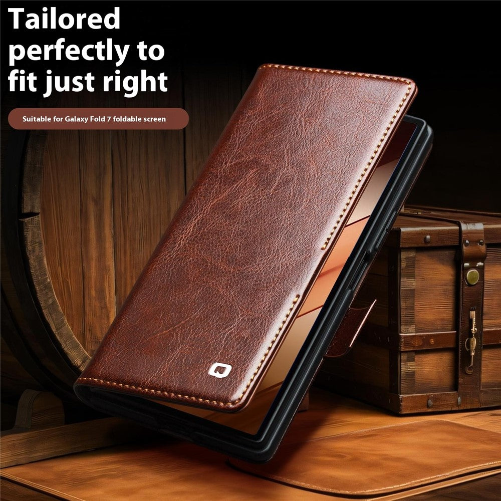 QIALINO For Samsung Galaxy Z Fold7 5G Case with Card Holder Genuine Cow Leather Stand Phone Cover - Brown