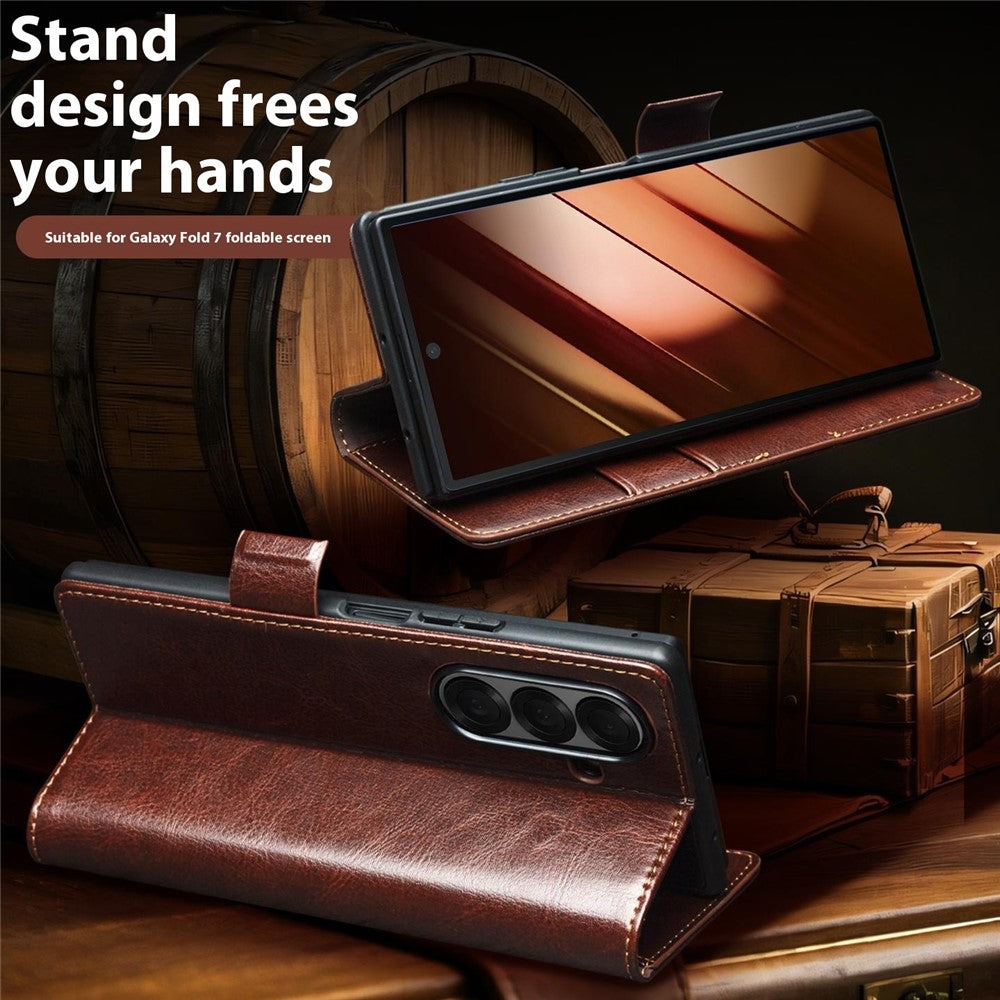 QIALINO For Samsung Galaxy Z Fold7 5G Case with Card Holder Genuine Cow Leather Stand Phone Cover - Brown