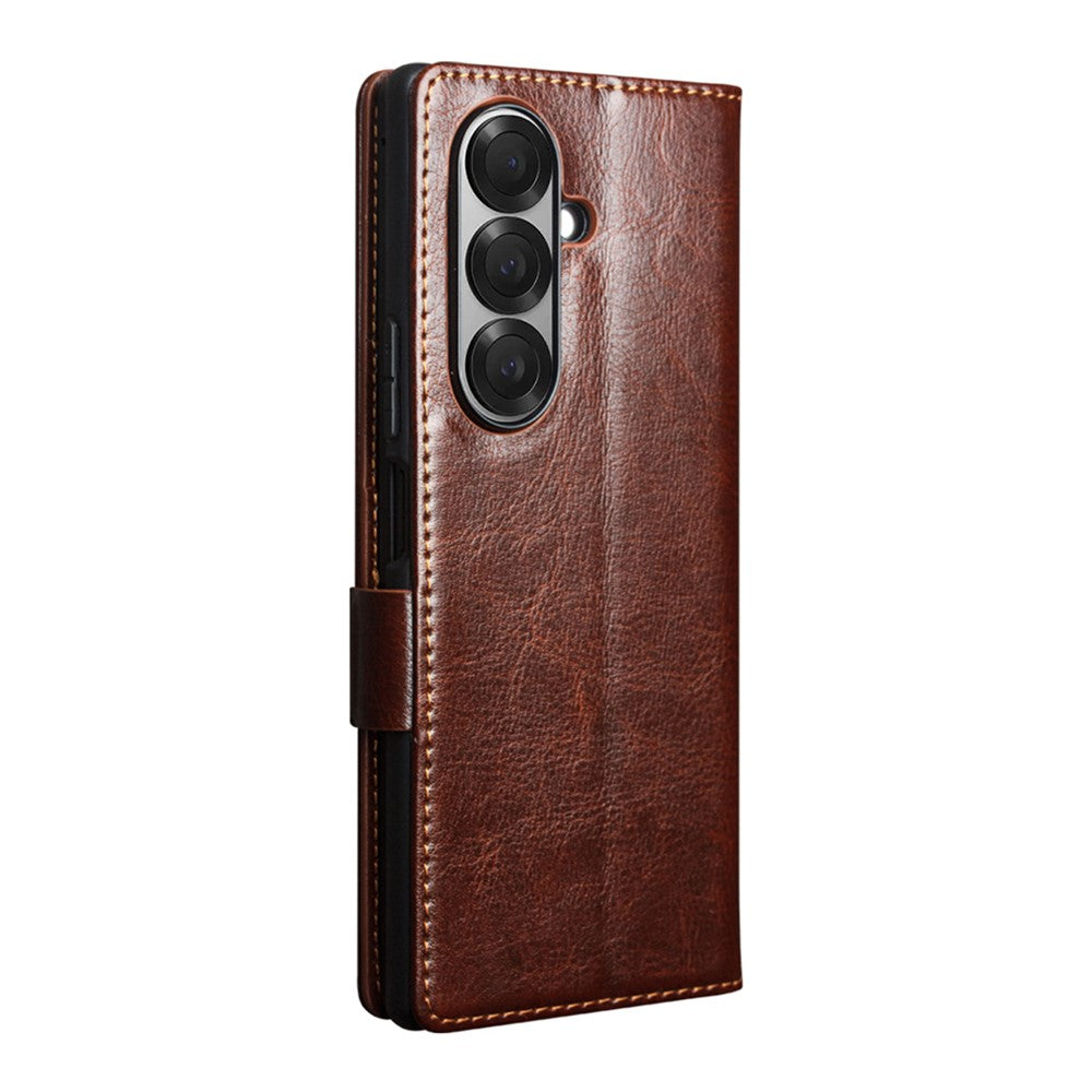 QIALINO For Samsung Galaxy Z Fold7 5G Case with Card Holder Genuine Cow Leather Stand Phone Cover - Brown