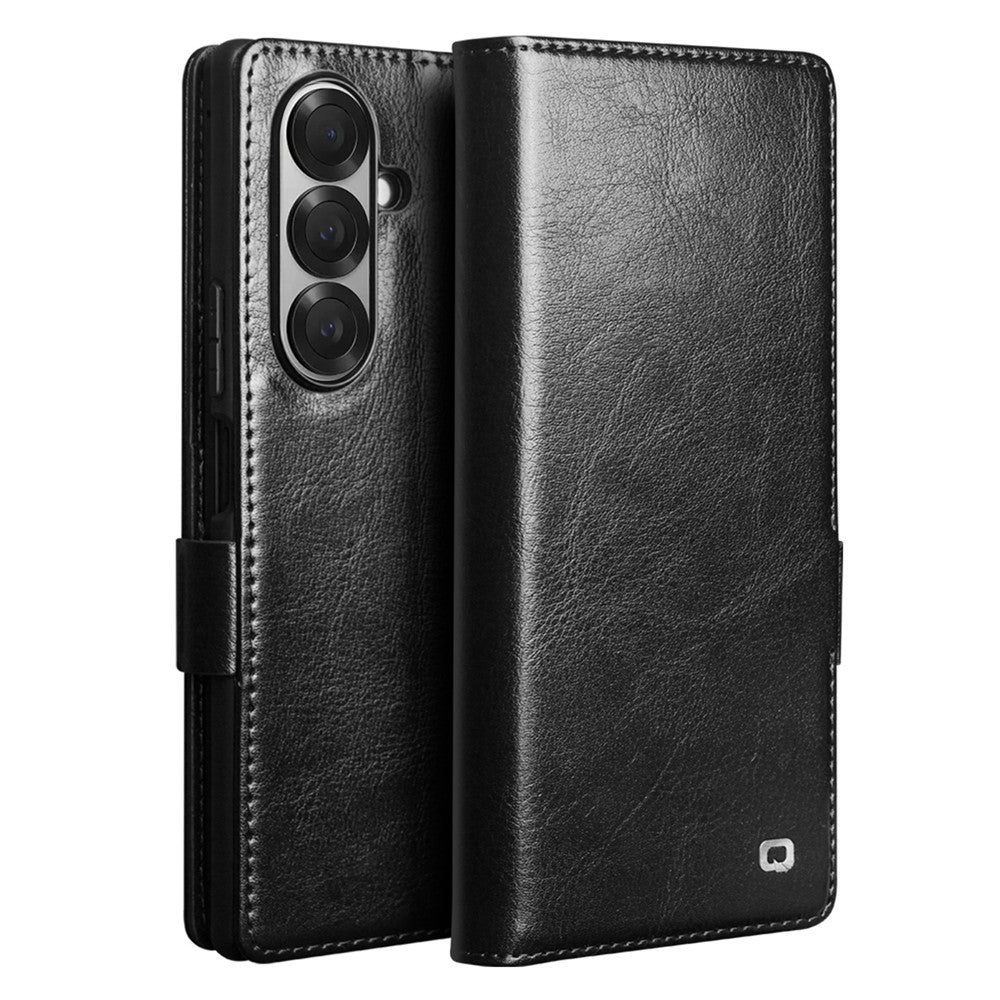 QIALINO For Samsung Galaxy Z Fold7 5G Case with Card Holder Genuine Cow Leather Stand Phone Cover - Black