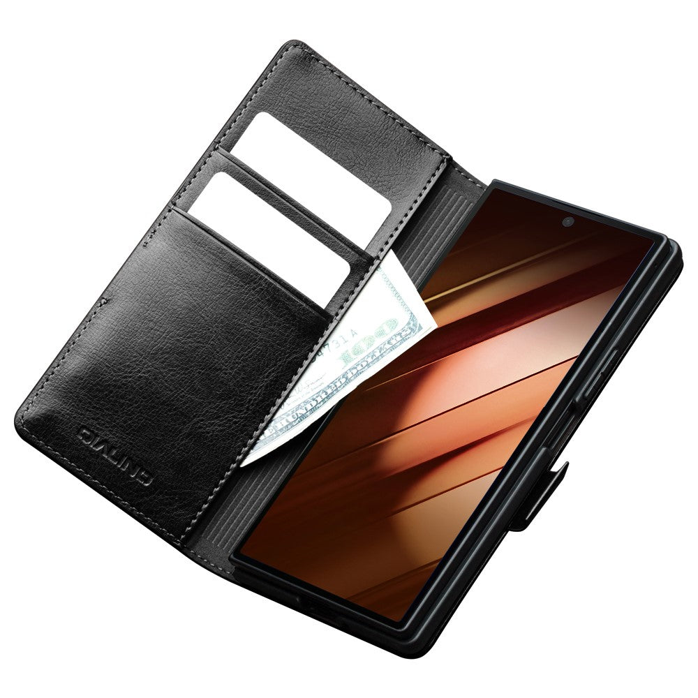 QIALINO For Samsung Galaxy Z Fold7 5G Case with Card Holder Genuine Cow Leather Stand Phone Cover - Black
