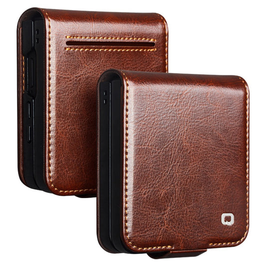 QIALINO For Samsung Galaxy Z Flip7 5G Case with Card Holder Genuine Cow Leather Stand Phone Cover - Brown