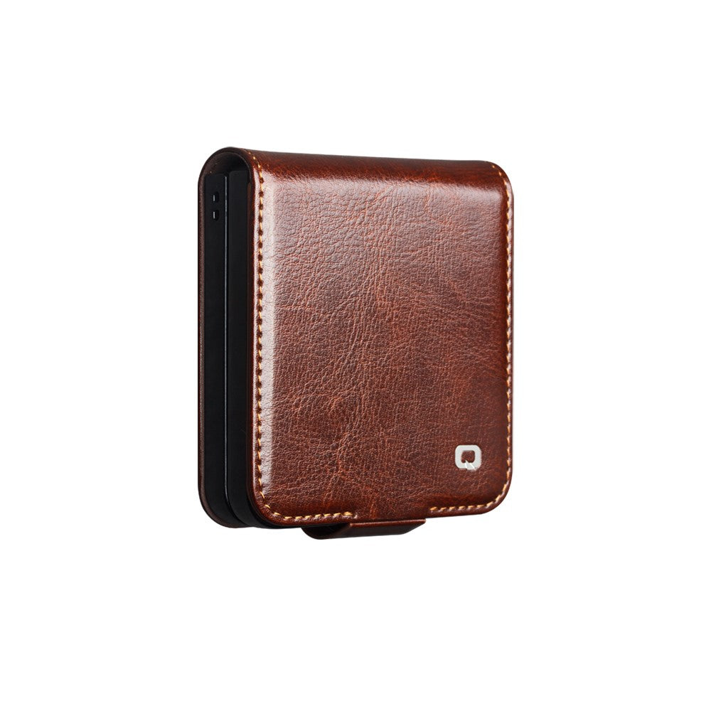 QIALINO For Samsung Galaxy Z Flip7 5G Case with Card Holder Genuine Cow Leather Stand Phone Cover - Brown