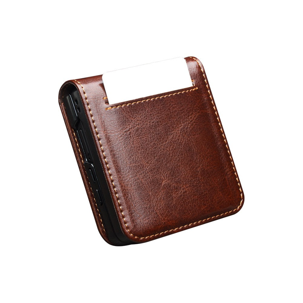QIALINO For Samsung Galaxy Z Flip7 5G Case with Card Holder Genuine Cow Leather Stand Phone Cover - Brown