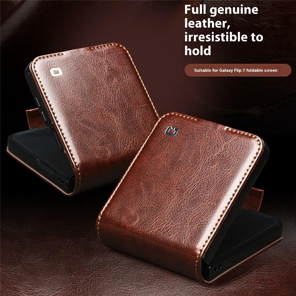QIALINO For Samsung Galaxy Z Flip7 5G Case with Card Holder Genuine Cow Leather Stand Phone Cover - Brown