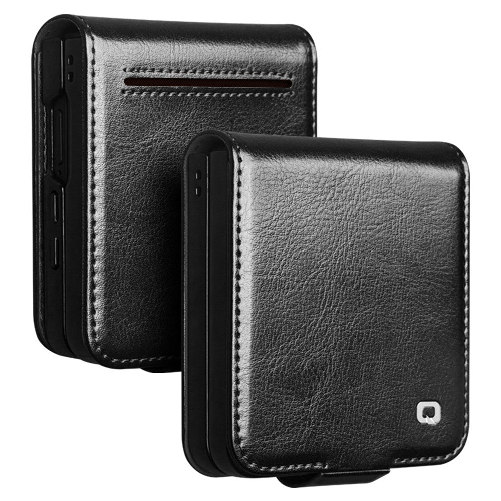 QIALINO For Samsung Galaxy Z Flip7 5G Case with Card Holder Genuine Cow Leather Stand Phone Cover - Black