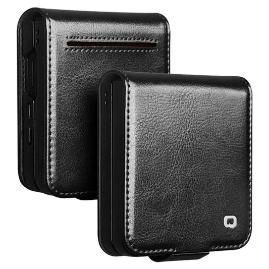 QIALINO For Samsung Galaxy Z Flip7 5G Case with Card Holder Genuine Cow Leather Stand Phone Cover - Black