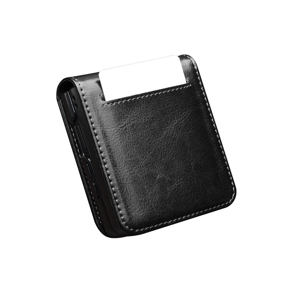 QIALINO For Samsung Galaxy Z Flip7 5G Case with Card Holder Genuine Cow Leather Stand Phone Cover - Black