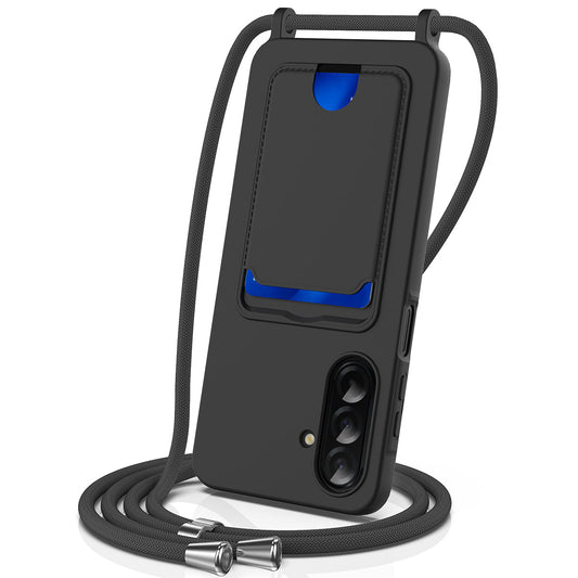 For Samsung Galaxy A17 5G Case Liquid Silicone Card Holder Back Phone Cover with Lanyard - Black