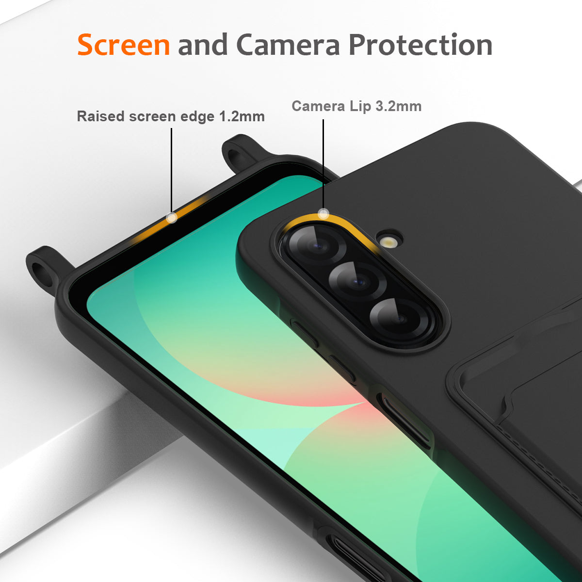 For Samsung Galaxy A17 5G Case Liquid Silicone Card Holder Back Phone Cover with Lanyard - Black