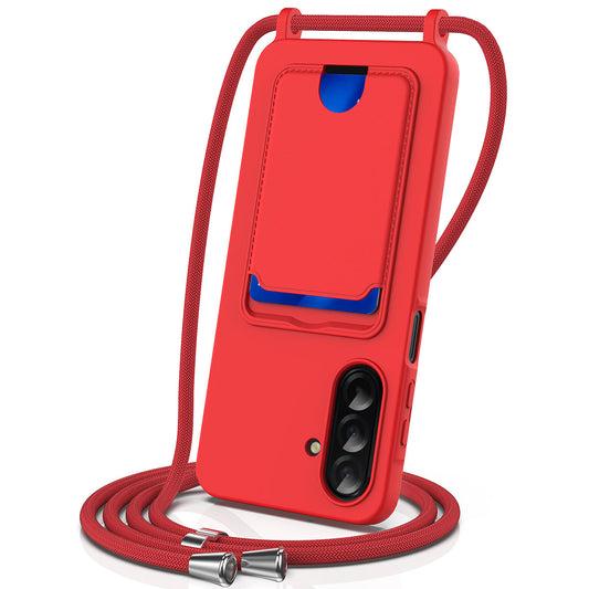 For Samsung Galaxy A17 5G Case Liquid Silicone Card Holder Back Phone Cover with Lanyard - Red
