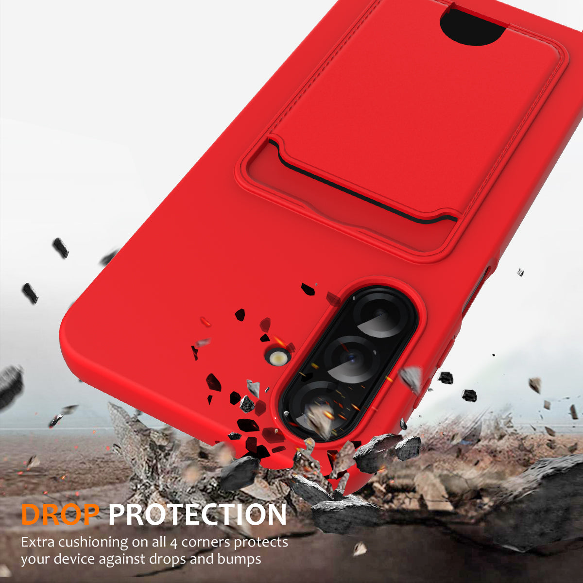 For Samsung Galaxy A17 5G Case Liquid Silicone Card Holder Back Phone Cover with Lanyard - Red