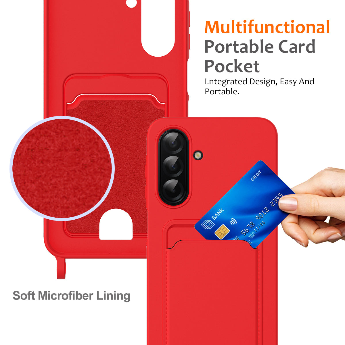 For Samsung Galaxy A17 5G Case Liquid Silicone Card Holder Back Phone Cover with Lanyard - Red