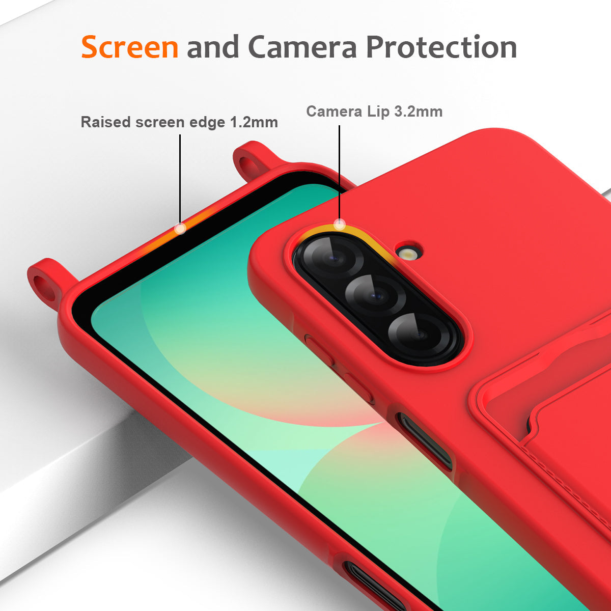 For Samsung Galaxy A17 5G Case Liquid Silicone Card Holder Back Phone Cover with Lanyard - Red