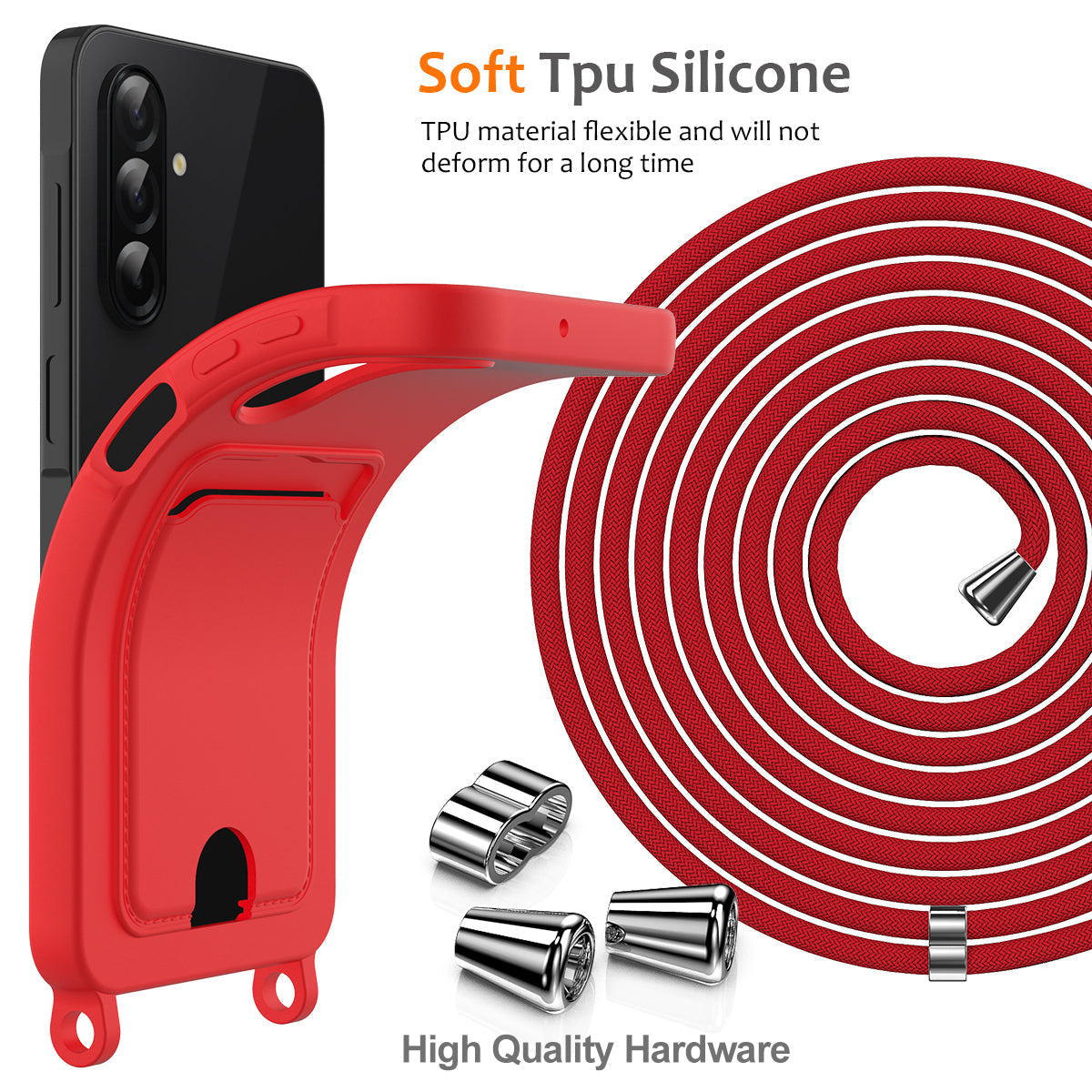 For Samsung Galaxy A17 5G Case Liquid Silicone Card Holder Back Phone Cover with Lanyard - Red
