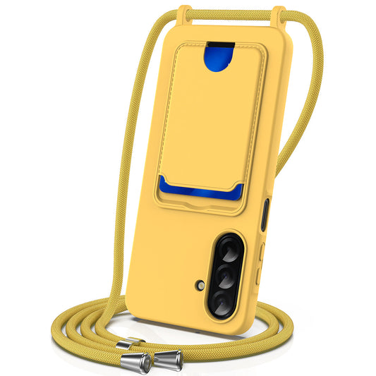 For Samsung Galaxy A17 5G Case Liquid Silicone Card Holder Back Phone Cover with Lanyard - Yellow