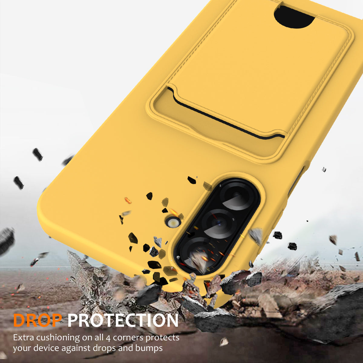 For Samsung Galaxy A17 5G Case Liquid Silicone Card Holder Back Phone Cover with Lanyard - Yellow