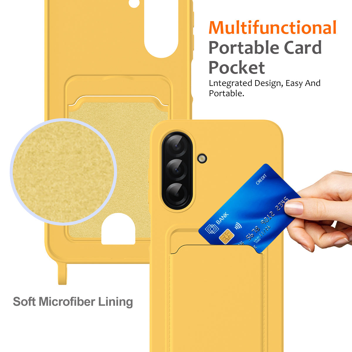 For Samsung Galaxy A17 5G Case Liquid Silicone Card Holder Back Phone Cover with Lanyard - Yellow