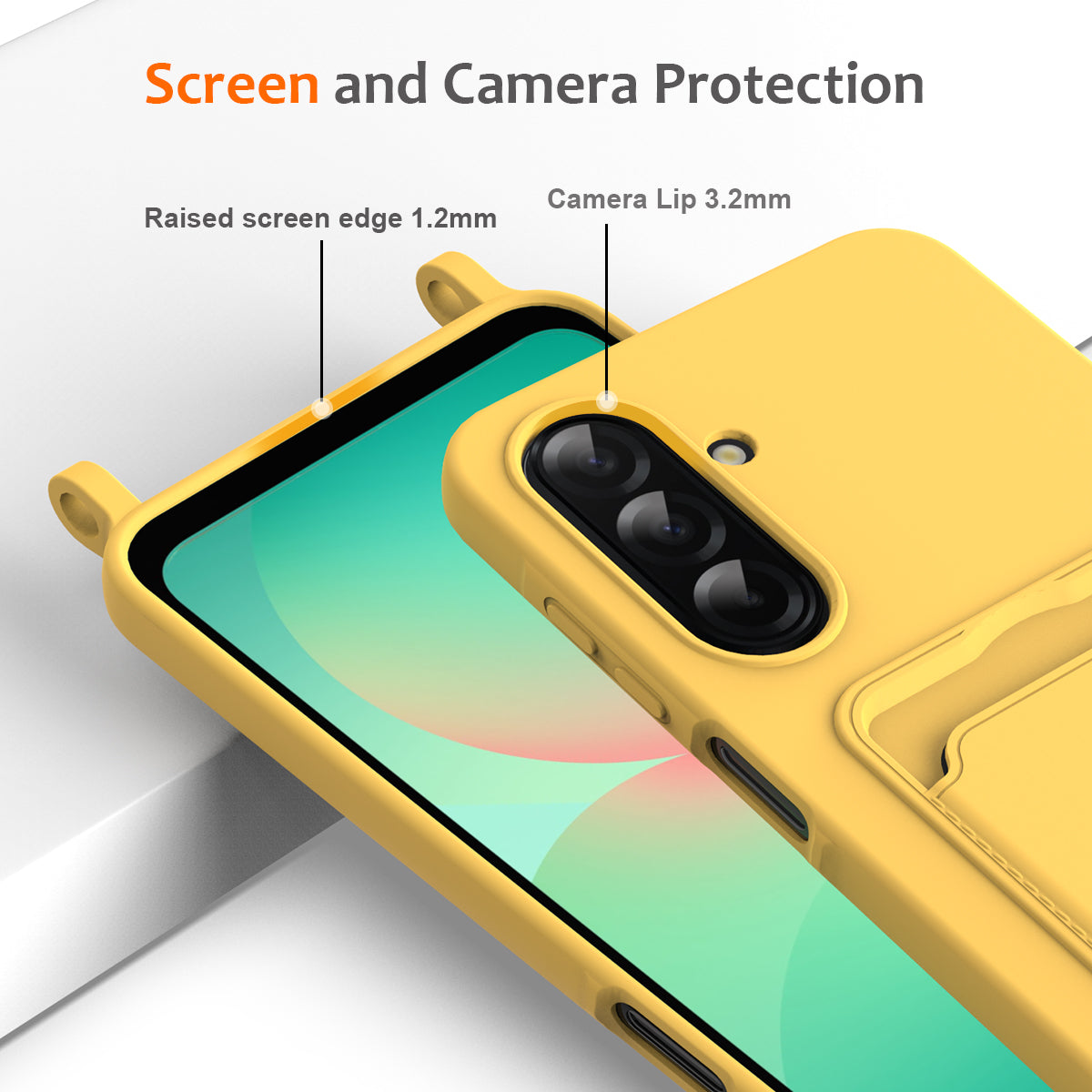 For Samsung Galaxy A17 5G Case Liquid Silicone Card Holder Back Phone Cover with Lanyard - Yellow