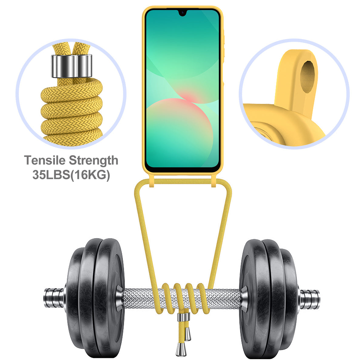 For Samsung Galaxy A17 5G Case Liquid Silicone Card Holder Back Phone Cover with Lanyard - Yellow