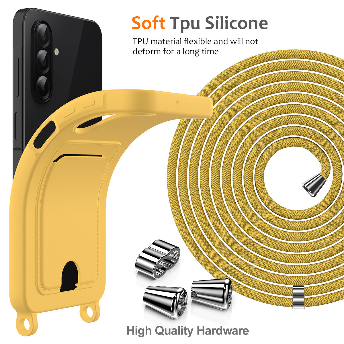 For Samsung Galaxy A17 5G Case Liquid Silicone Card Holder Back Phone Cover with Lanyard - Yellow
