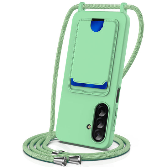 For Samsung Galaxy A17 5G Case Liquid Silicone Card Holder Back Phone Cover with Lanyard - Green