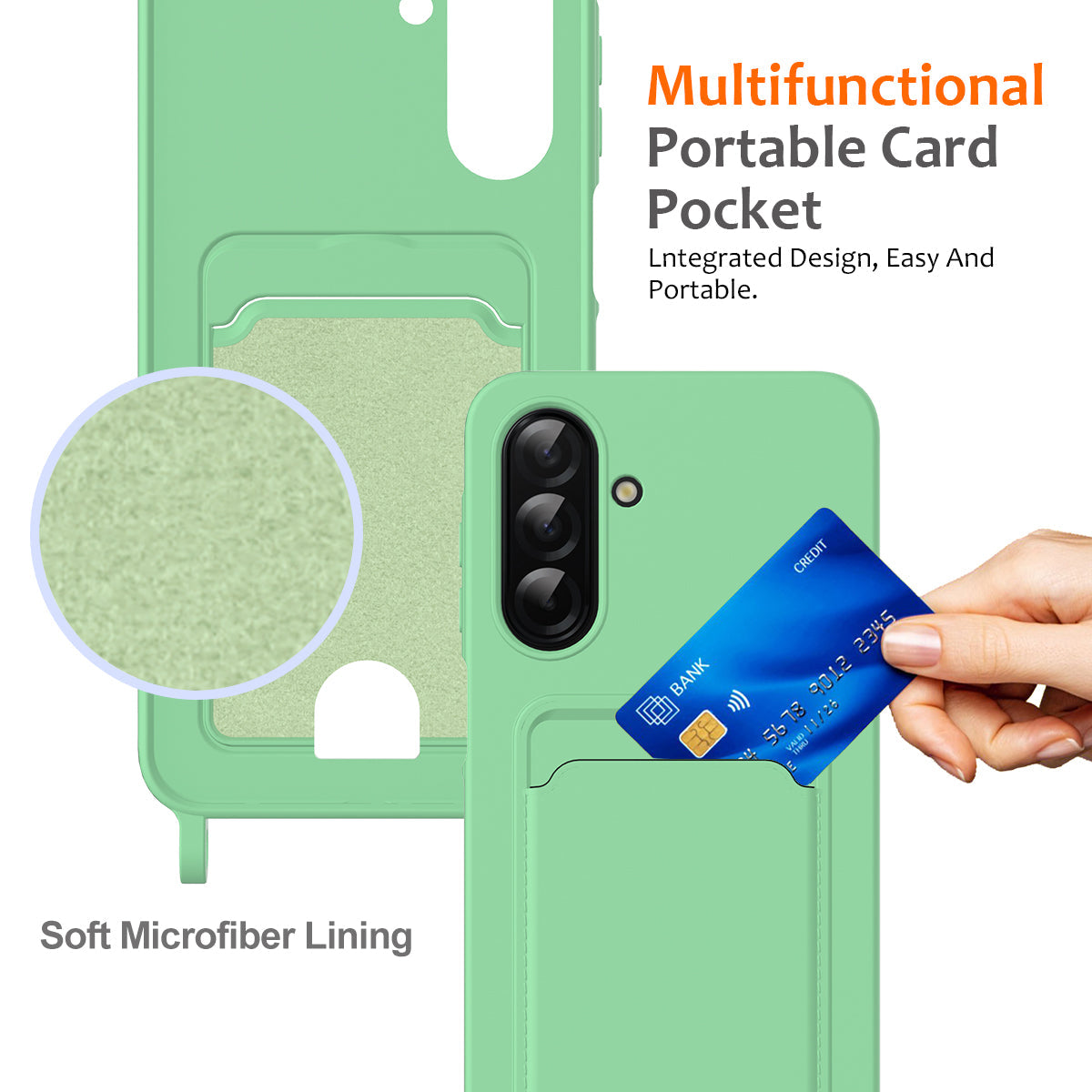For Samsung Galaxy A17 5G Case Liquid Silicone Card Holder Back Phone Cover with Lanyard - Green