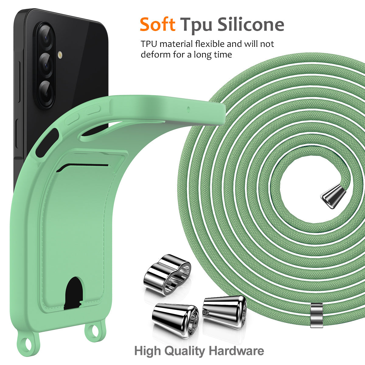 For Samsung Galaxy A17 5G Case Liquid Silicone Card Holder Back Phone Cover with Lanyard - Green