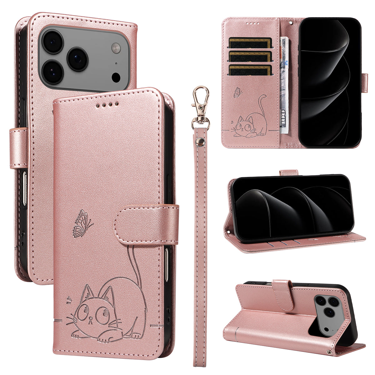 For iPhone 17 Pro Max Case Cat Pattern Imprint Leather Phone Cover with Wrist Strap - Rose Gold