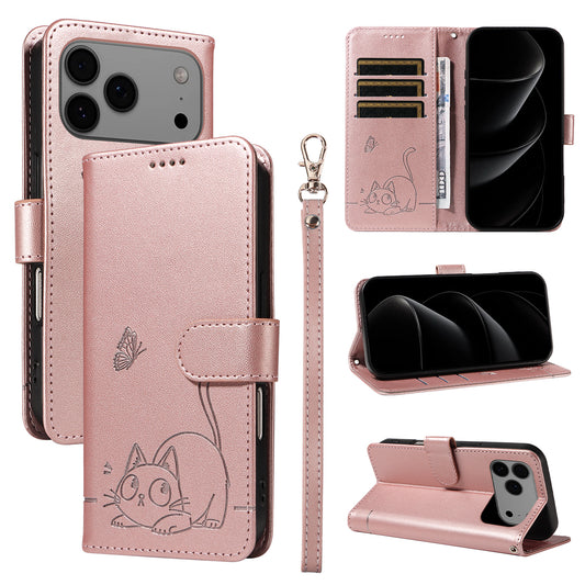 For iPhone 17 Pro Max Case Cat Pattern Imprint Leather Phone Cover with Wrist Strap - Rose Gold