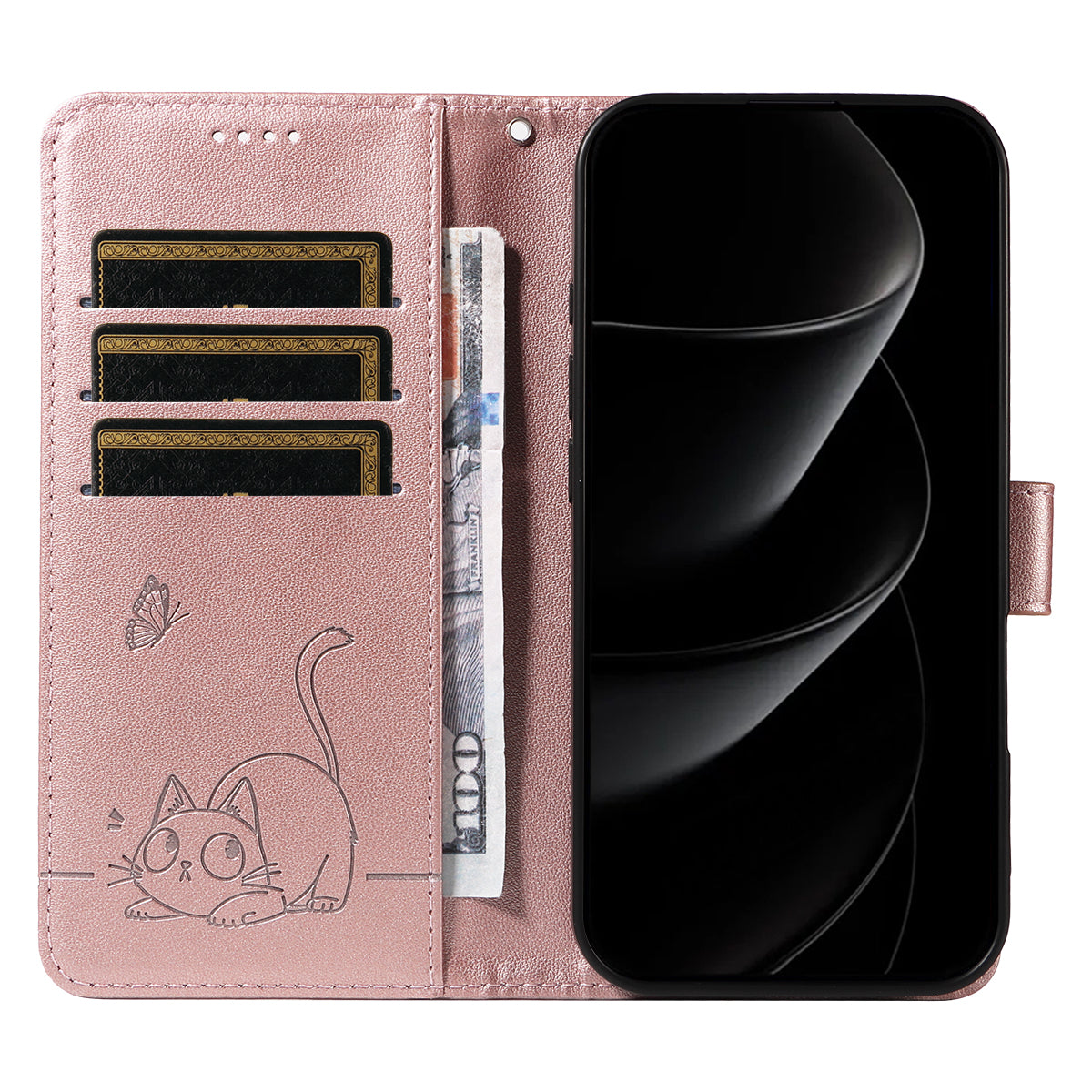 For iPhone 17 Pro Max Case Cat Pattern Imprint Leather Phone Cover with Wrist Strap - Rose Gold