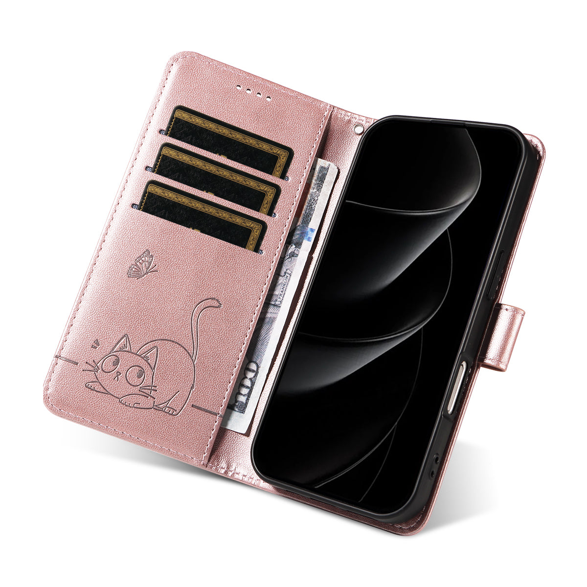 For iPhone 17 Pro Max Case Cat Pattern Imprint Leather Phone Cover with Wrist Strap - Rose Gold