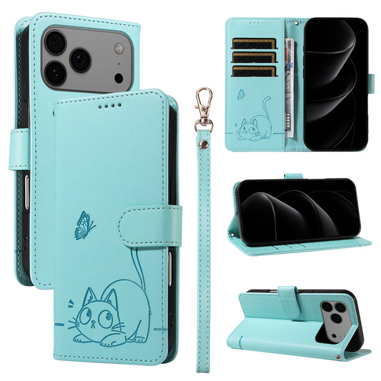 For iPhone 17 Pro Max Case Cat Pattern Imprint Leather Phone Cover with Wrist Strap - Green