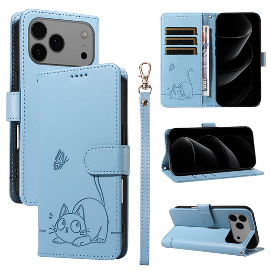 For iPhone 17 Pro Max Case Cat Pattern Imprint Leather Phone Cover with Wrist Strap - Sky Blue