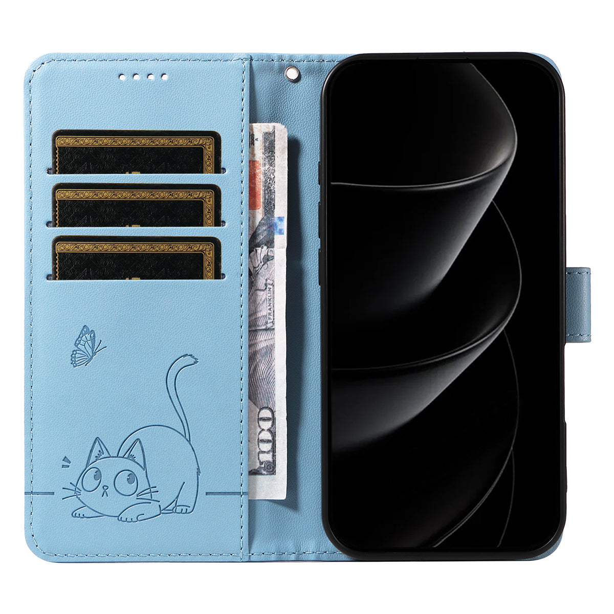 For iPhone 17 Pro Max Case Cat Pattern Imprint Leather Phone Cover with Wrist Strap - Sky Blue