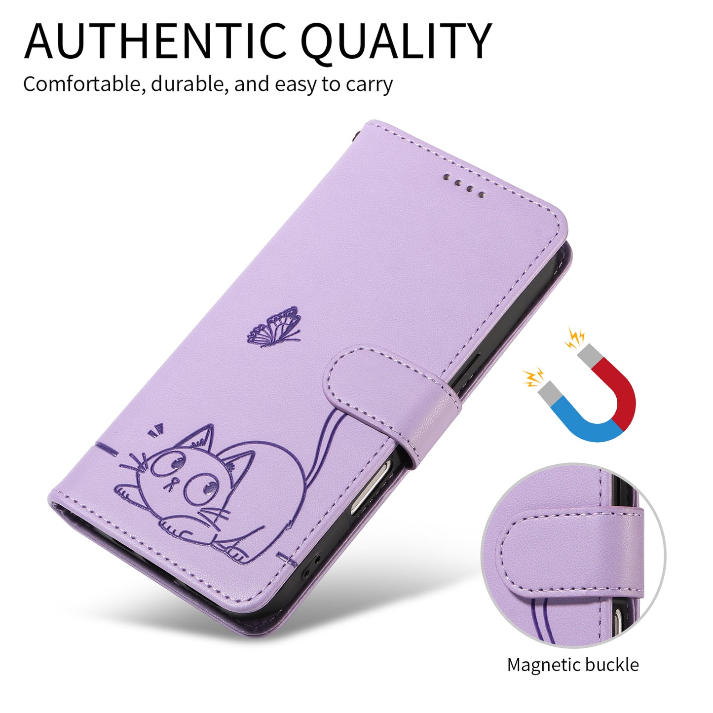 For iPhone 17 Pro Max Case Cat Pattern Imprint Leather Phone Cover with Wrist Strap - Purple