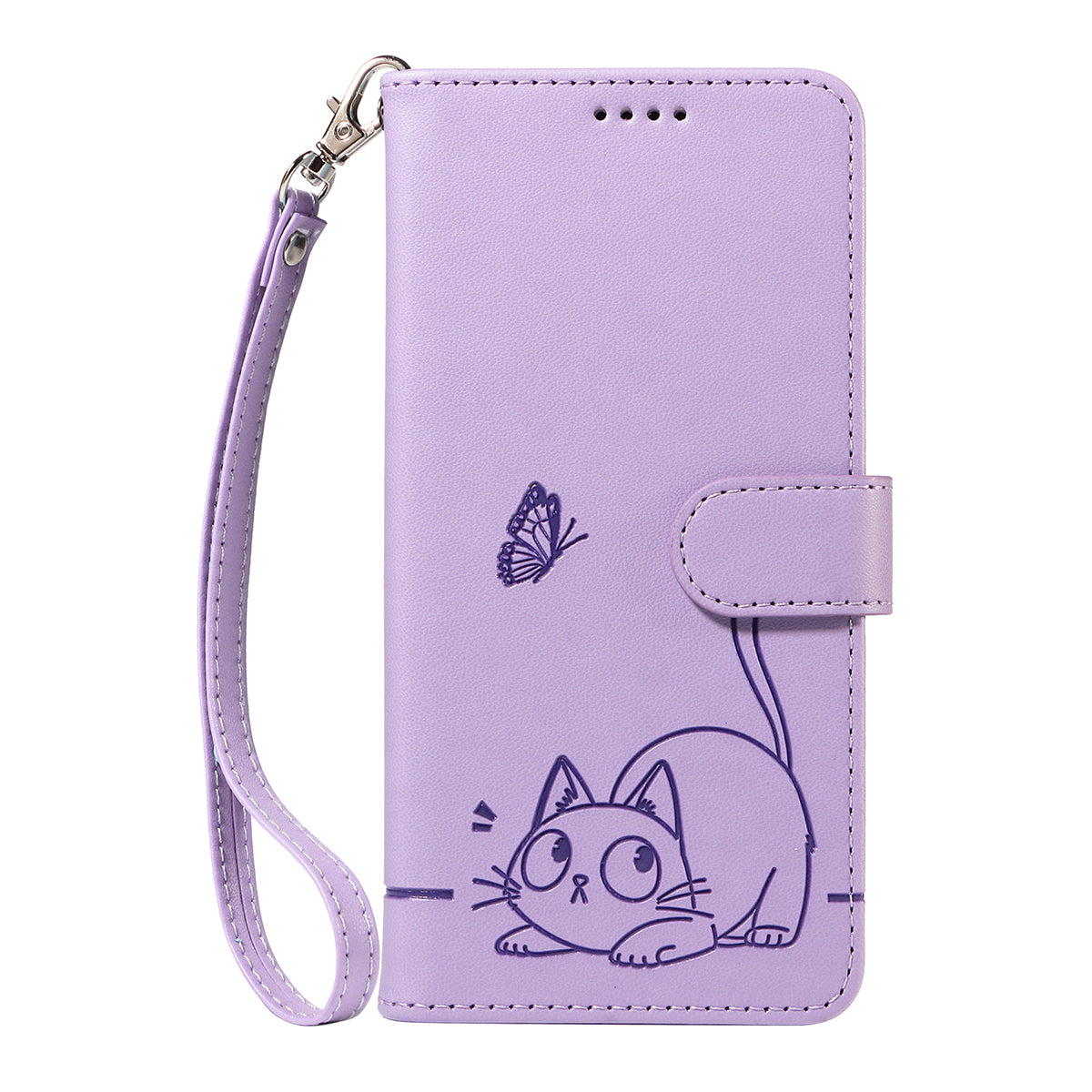 For iPhone 17 Pro Max Case Cat Pattern Imprint Leather Phone Cover with Wrist Strap - Purple
