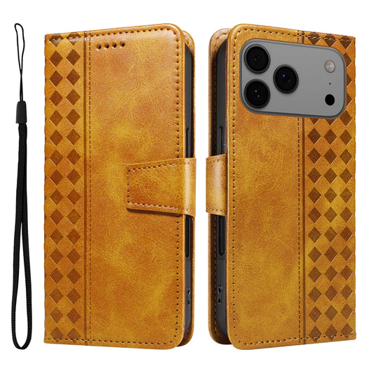 For iPhone 17 Pro Max Leather Case Wallet Stand Grids Imprinted Phone Cover with Strap - Yellow