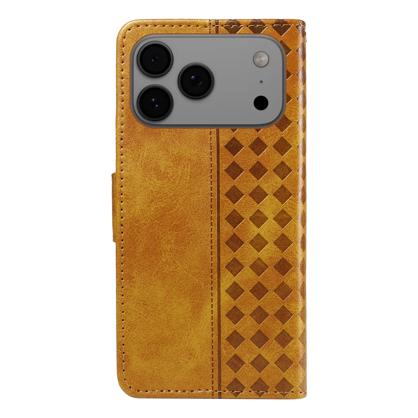 For iPhone 17 Pro Max Leather Case Wallet Stand Grids Imprinted Phone Cover with Strap - Yellow
