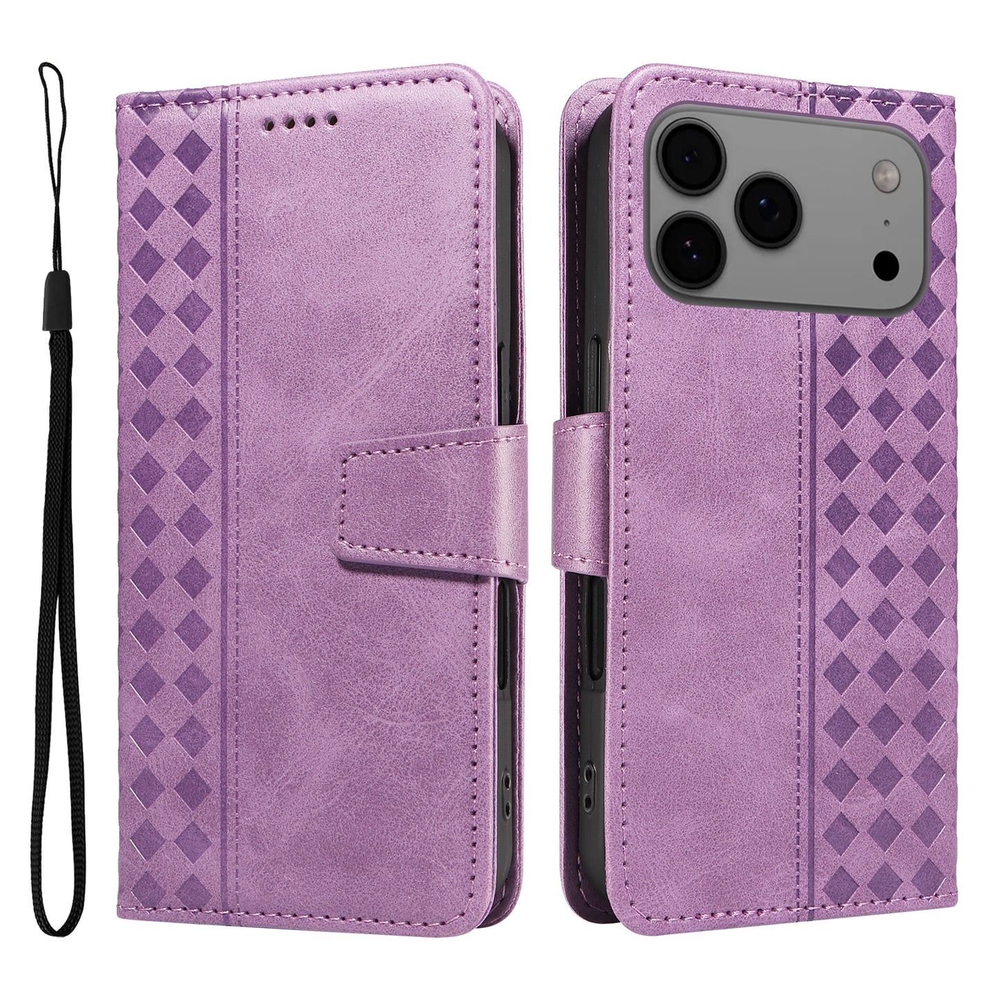 For iPhone 17 Pro Max Leather Case Wallet Stand Grids Imprinted Phone Cover with Strap - Light Purple
