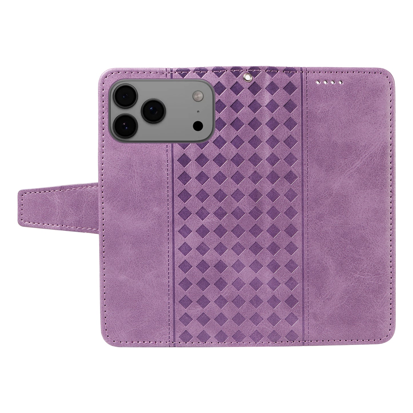 For iPhone 17 Pro Max Leather Case Wallet Stand Grids Imprinted Phone Cover with Strap - Light Purple