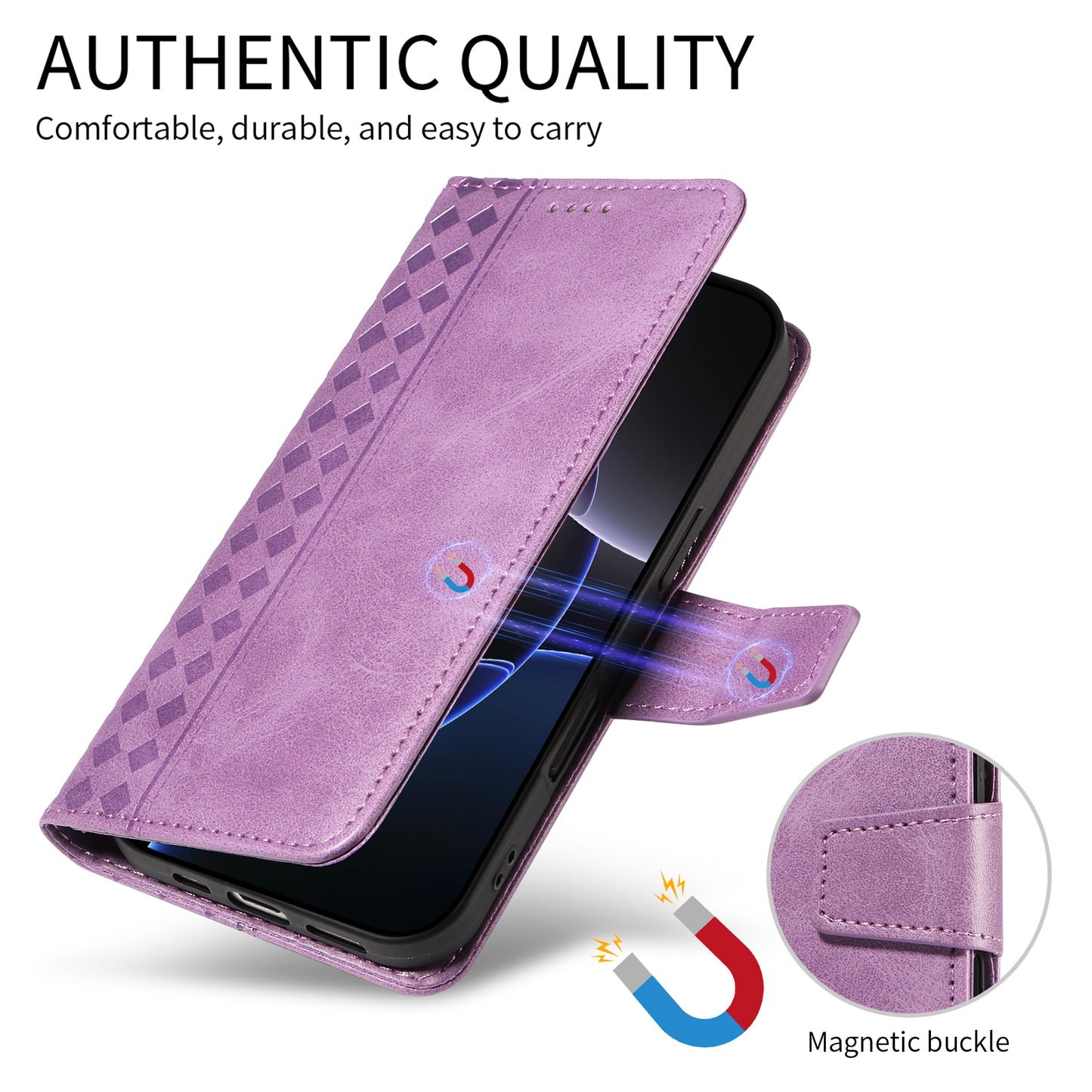 For iPhone 17 Pro Max Leather Case Wallet Stand Grids Imprinted Phone Cover with Strap - Light Purple