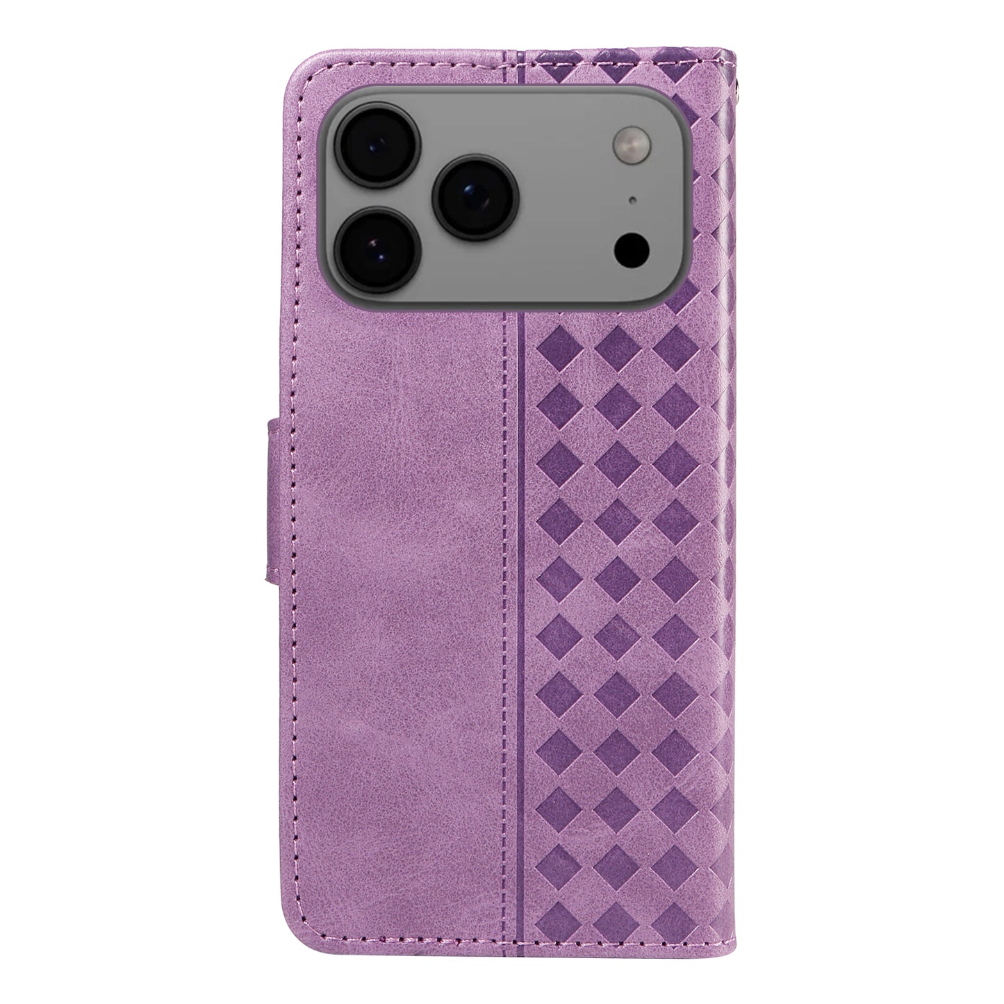 For iPhone 17 Pro Max Leather Case Wallet Stand Grids Imprinted Phone Cover with Strap - Light Purple
