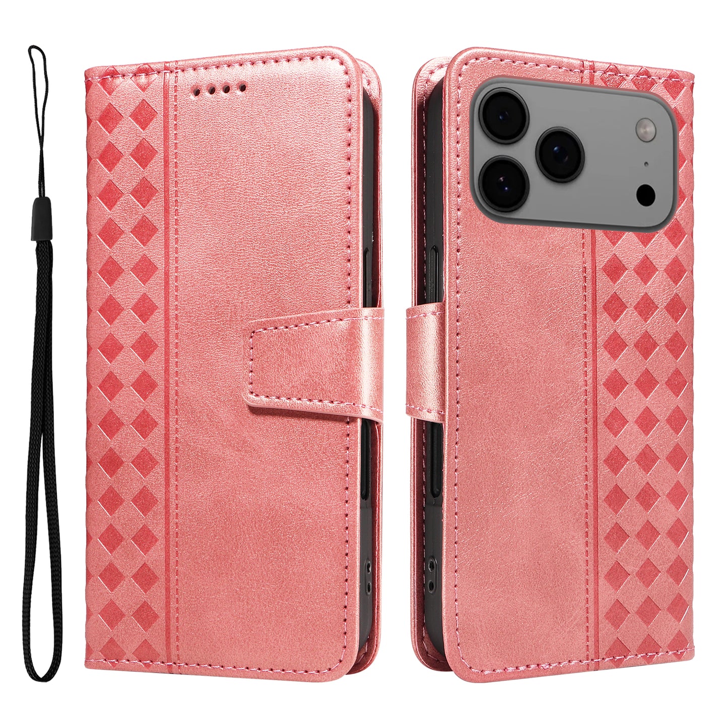 For iPhone 17 Pro Max Leather Case Wallet Stand Grids Imprinted Phone Cover with Strap - Rose Gold