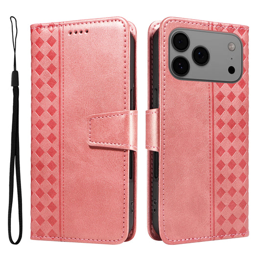 For iPhone 17 Pro Max Leather Case Wallet Stand Grids Imprinted Phone Cover with Strap - Rose Gold