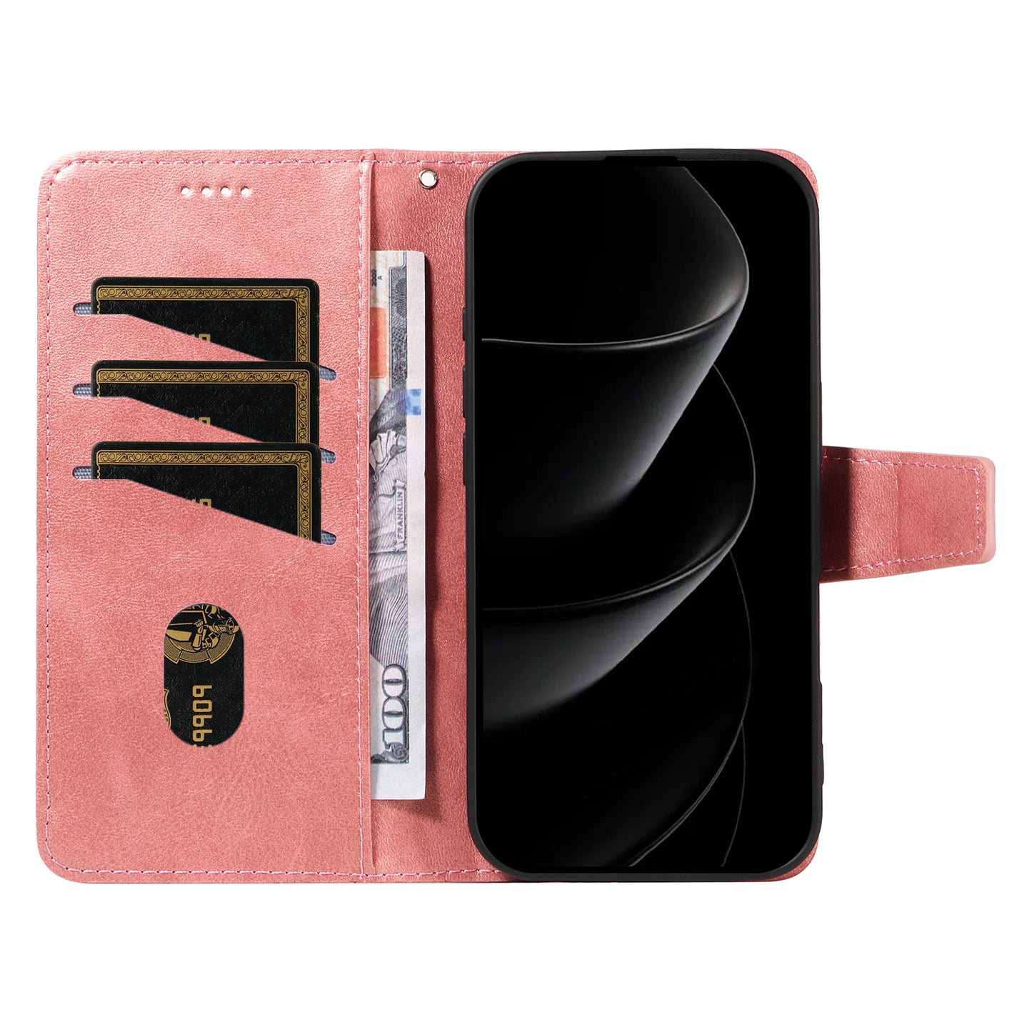 For iPhone 17 Pro Max Leather Case Wallet Stand Grids Imprinted Phone Cover with Strap - Rose Gold