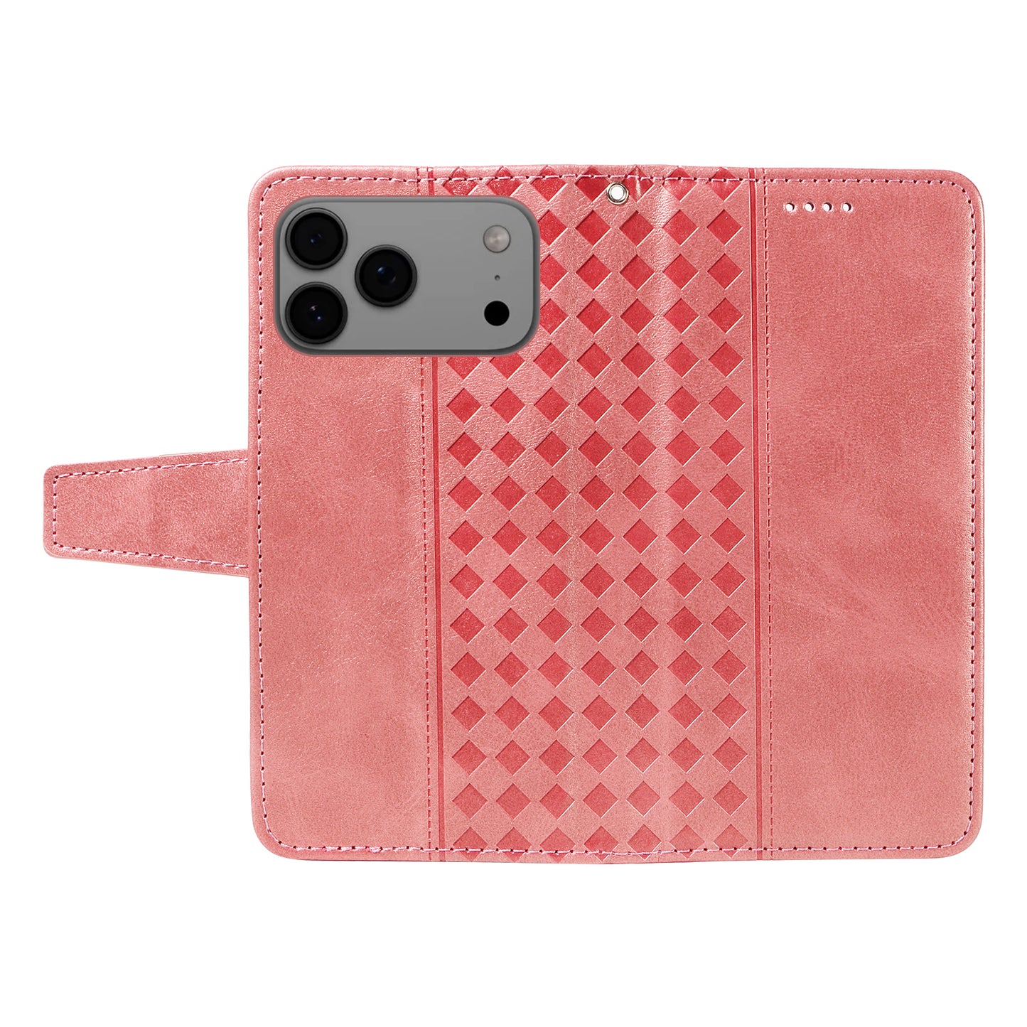 For iPhone 17 Pro Max Leather Case Wallet Stand Grids Imprinted Phone Cover with Strap - Rose Gold